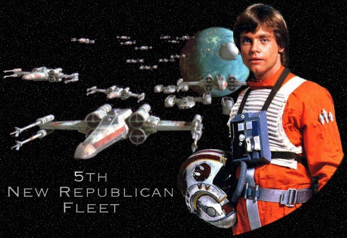 Luke Skywalker in front of a starfield and Rebel starfighters
